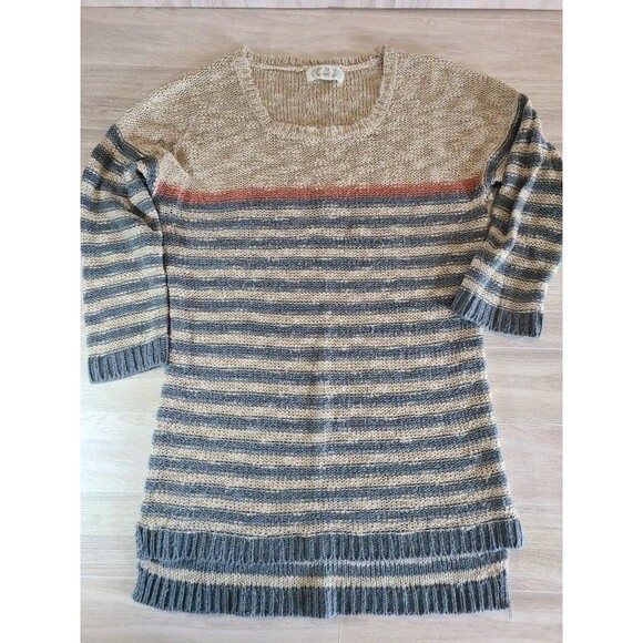Pink Rose Striped Sweater L Loose Knit 3/4 Sleeve Pullover Beige Blue Rust Acryi - Picture 3 of 8